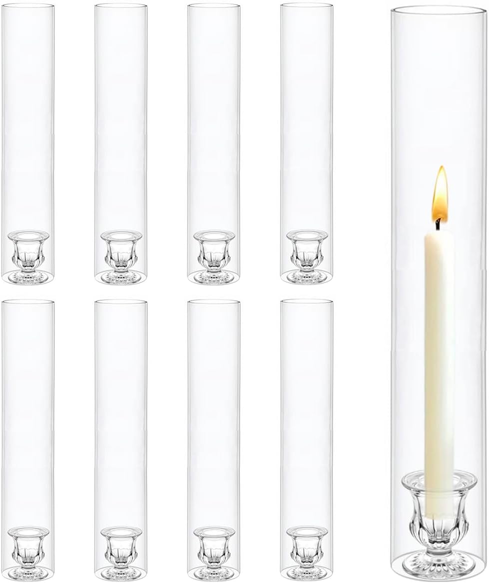 8 Set Hurricane Glass Taper Candle Holders, Clear Candlestick Holders for Taper Candles with 12.6" Windproof Cylinder Covers for Centerpiece Wedding Table Party