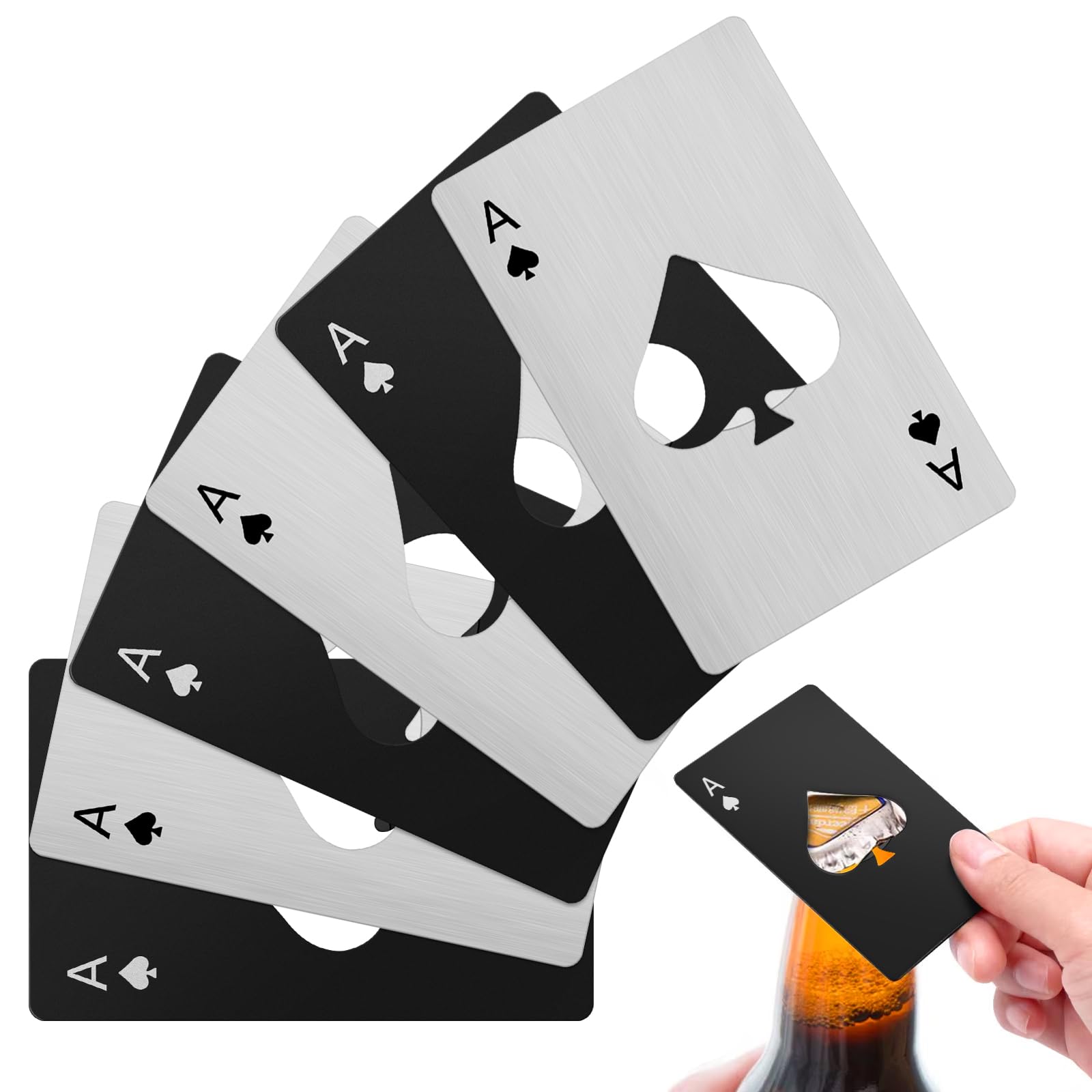 2PCS Poker Card Bottle Openers, Stainless Steel Credit Card Size Beer Bottle Opener -1 Black & 1Silver Poker Themed Cap Openers (Ace of Spades Design)