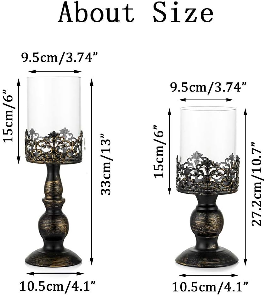 Sziqiqi Vintage Distressed Black Hurricane Candle Holders Set of 2, Versatile Metallic Pedestal Glass Floral Centerpiece Base for Wedding Party Home Fireplace Mantel Decoration 10.6in & 13in : Home & Kitchen