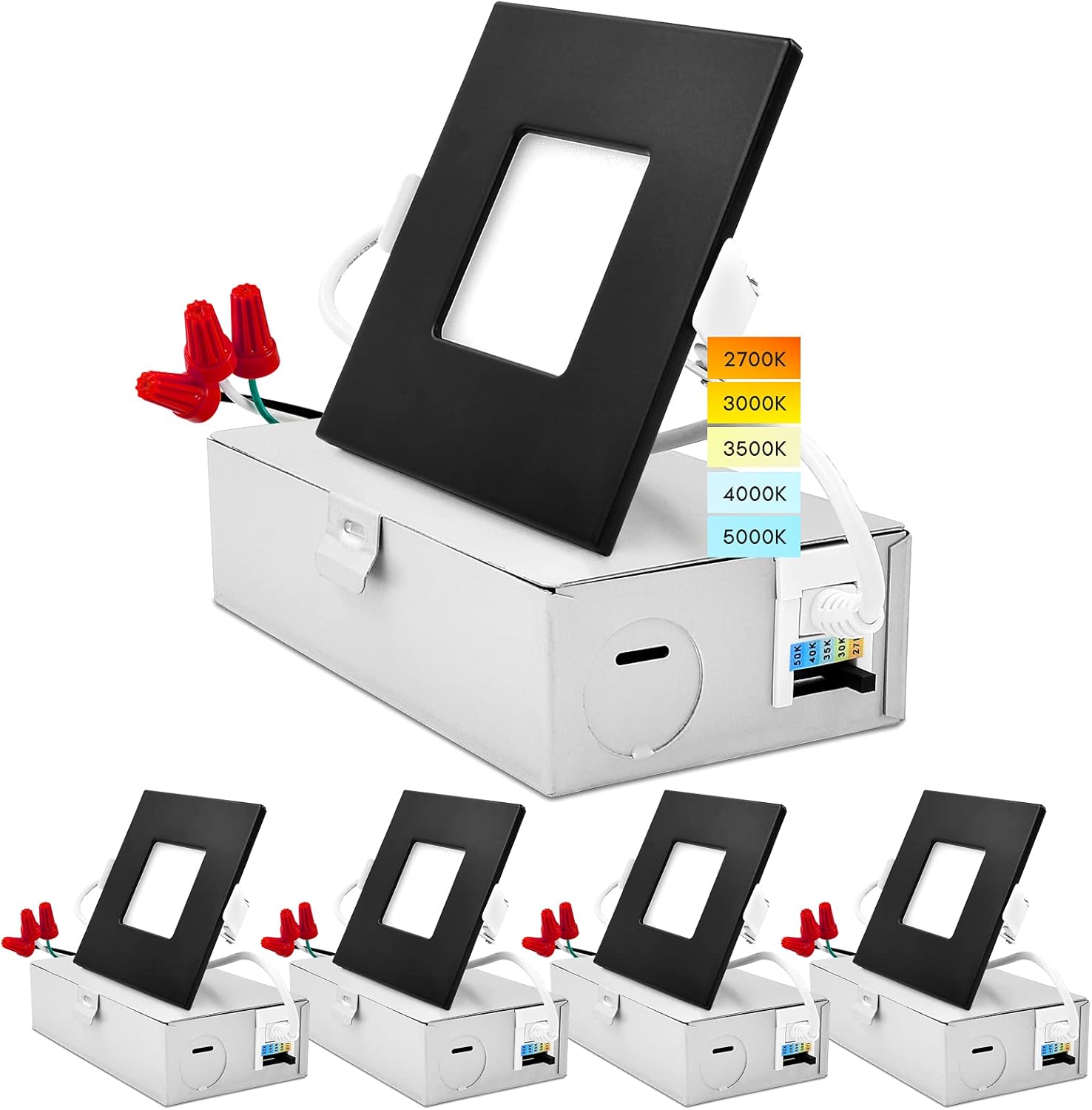 LUXRITE 3 Inch Square Ultra Thin LED Recessed Light with J-Box, 8W, 5 Color Options 2700K | 3000K | 3500K | 4000K | 5000K, Dimmable Wafer Light, 540 Lumens, Black Trim, Energy Star, IC Rated (4 Pack)