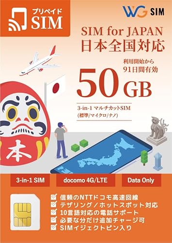 yNTT docomo vyChSIMJ[hz50GB 91 SIMst f[^ʐMpvyChSIM {p 4G/LTEΉ }`Jbgsim(W/}CN/im) ȒPݒ p\ `[W\ [Prepaid SIM 