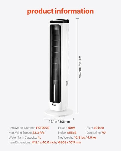 Miniatura 7 de VEVOR Enfriador de aire evaporativo, ventiladores de pie que soplan aire frío, ventilador de torre oscilante remoto de 70 de 23.3 piess con 4 modos
