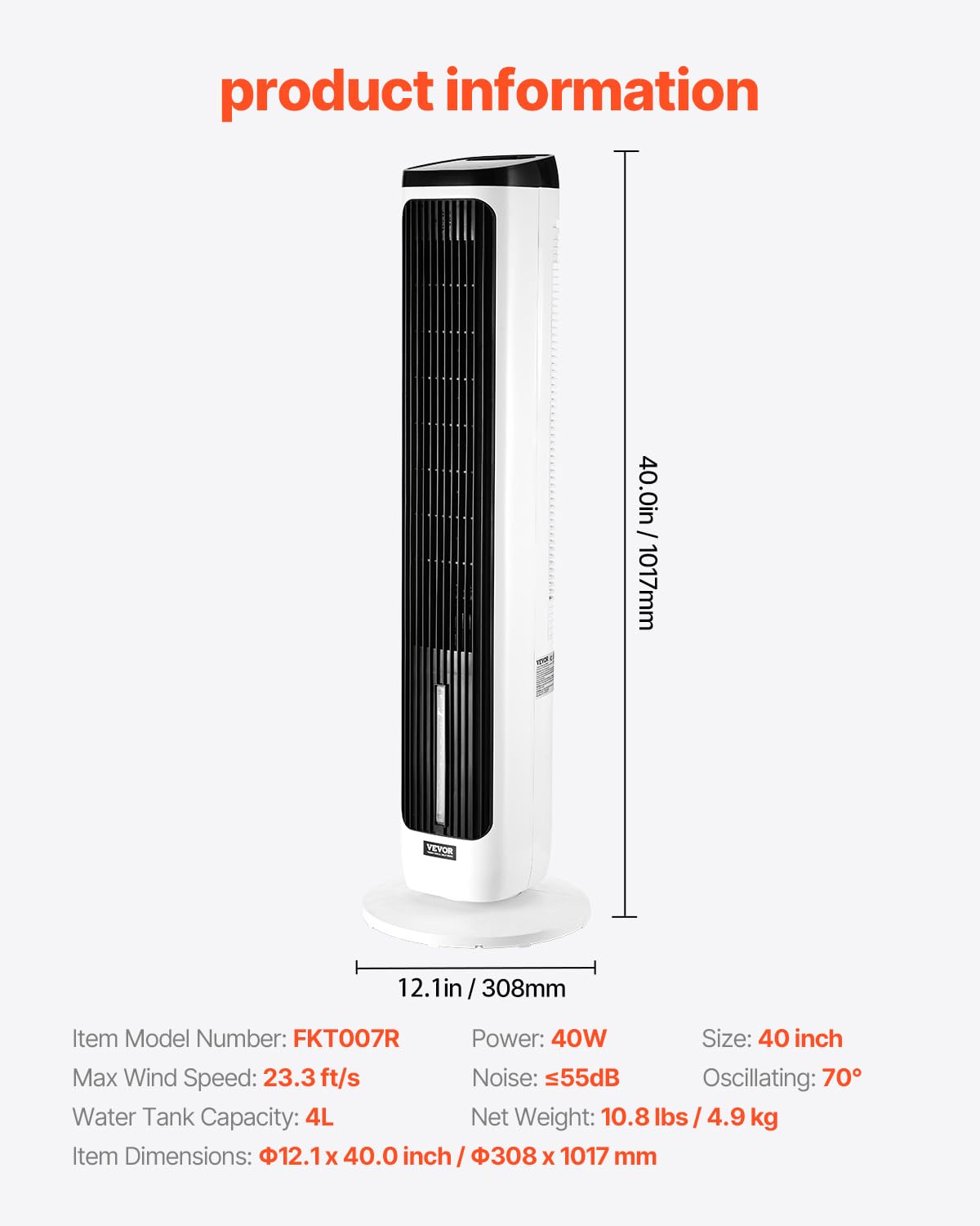 VEVOR Ventilateur Colonne, 1017 mm, Ventilateur Tour Sol Oscillant 70° Silencieux Portable, 7 m/s, Vitesses Réglables, avec Minuterie 24 h, Télécommande, Refroidissement pour Chambre, Bureau, Maison