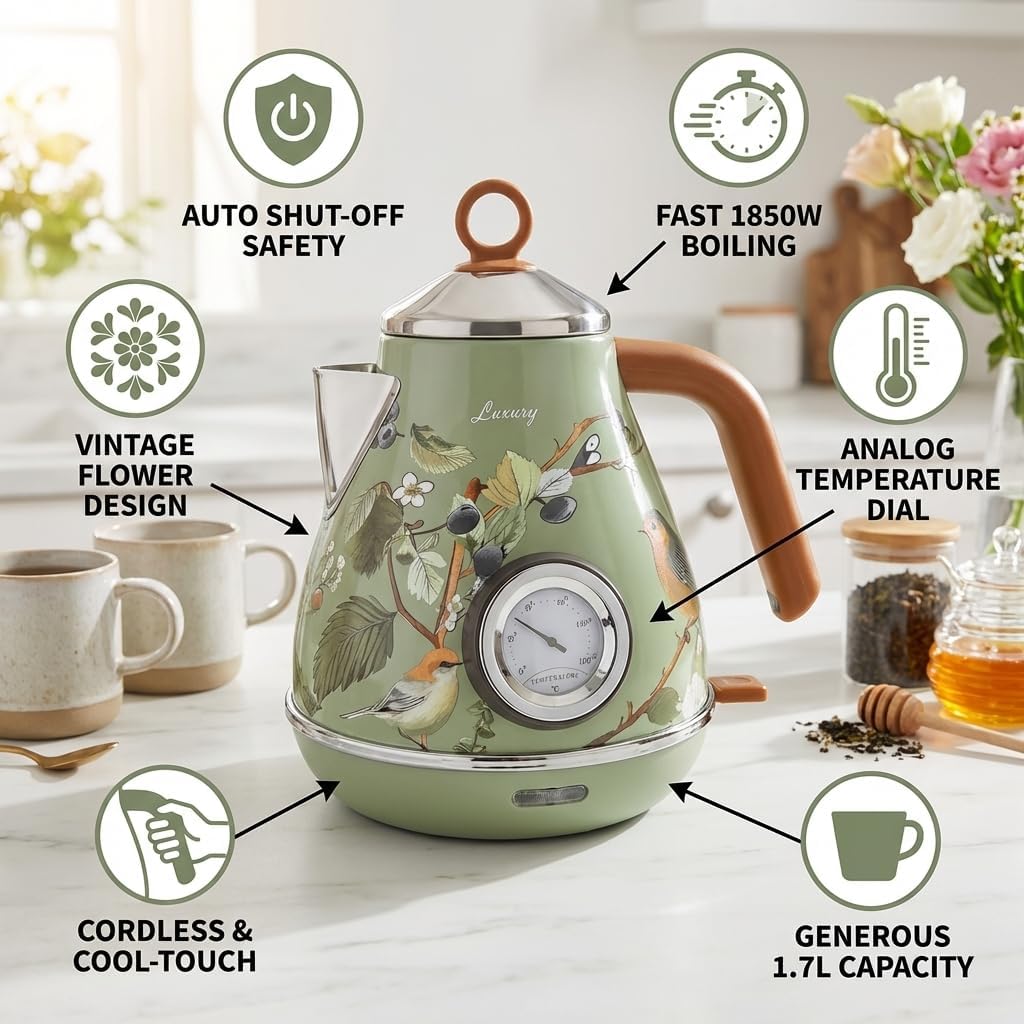PS3013T Flower Painted Electric Kettle, 1.7L Retro Style Water Heater with Analog Dial Thermometer, Fast Boiling 1850W Cordless 1.7L electric kettle Kettle for Home Office temperat