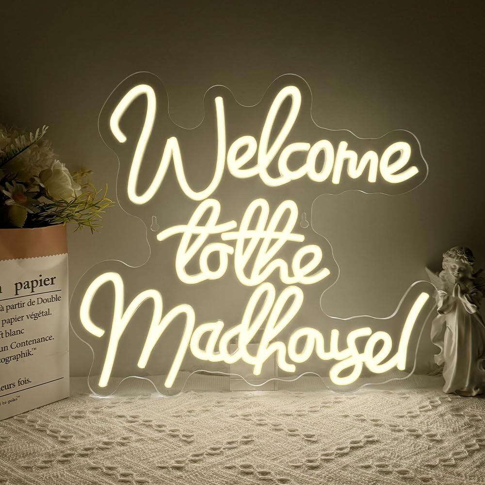 Welcome to the Madhouse LED lights,Letters Neon Sign for Wall Art Decor,Music Backdrop for Pub Home Bar Bedroom Club Party Man Cave,Welcome Dimmable Gift for Teen Men Women USB Powered(14.2"*12.4")