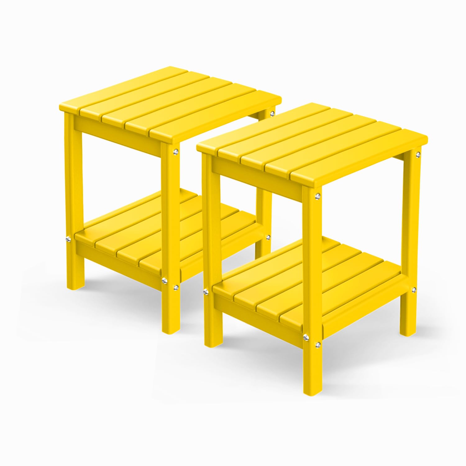 GREENVINES Adirondack-Outdoor-Side-Table | Set of 2 | 14 x 13 Inches | HDPE Plastic | All Weather | Yellow | Outside End Tables | Storage Shelf | for
