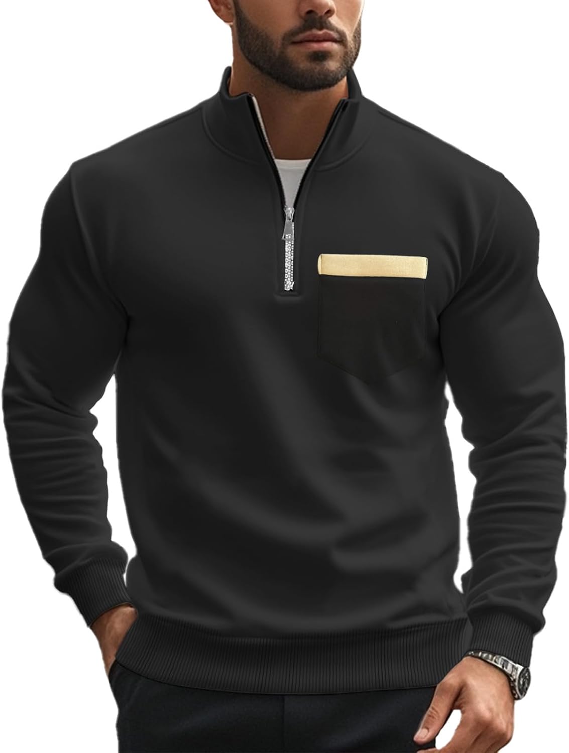 Mens Casual Sweatshirts Fitted Quarter Zip Long Sleeve Pullover Stand Collar Golf Outdoor Sweatshirt with Pocket
