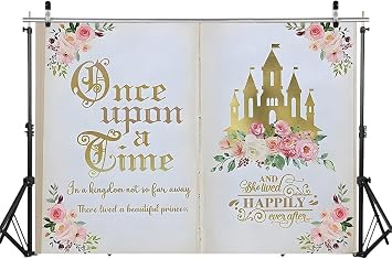 Once Upon a Time Backdrop Golden Fairytale Castle with Pink Flowers, Perfect for Princess-Themed Shoots, Baby Showers, Birthdays & Magical Memories Creation 7x5FT 12615