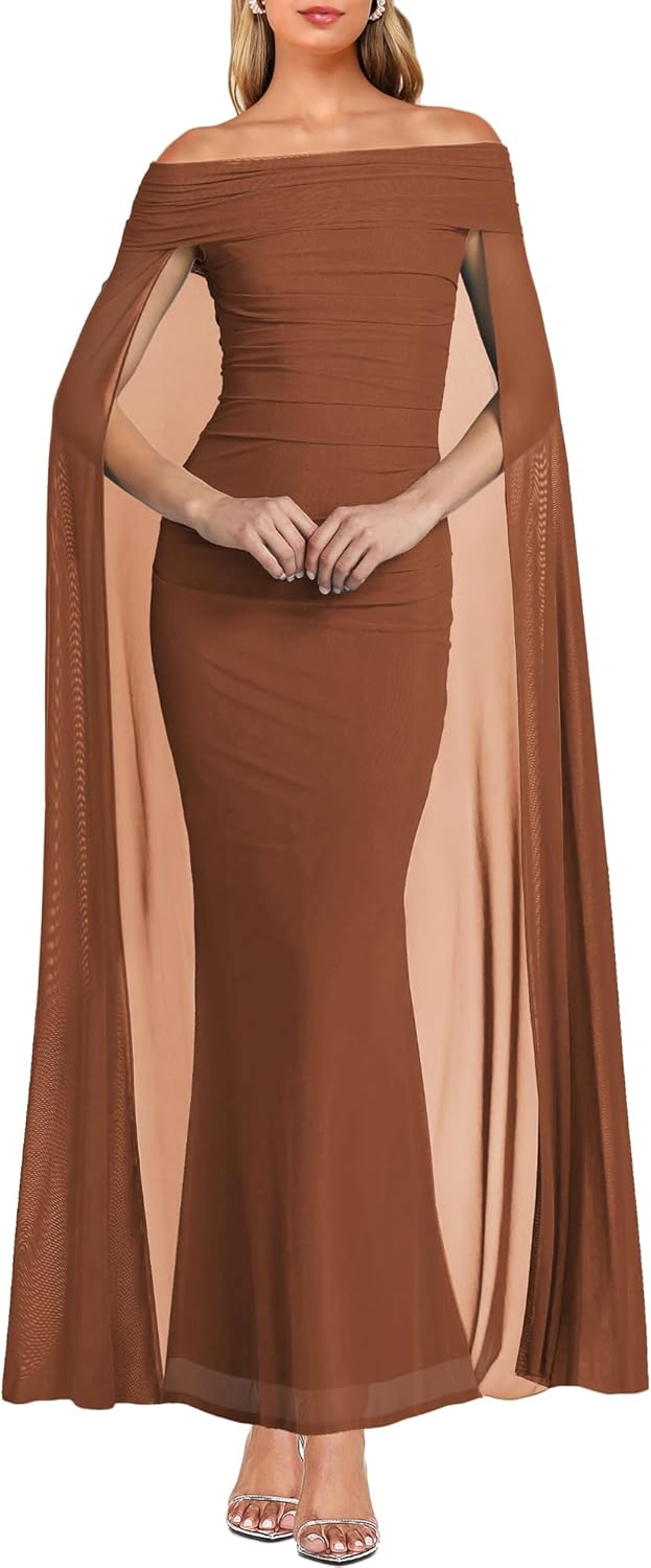 HESUUIO Elegant Off The Shoulder Dress Womens Formal Wedding Guest Cape Overlay Long Flowy Evening Party Dresses - Image 3