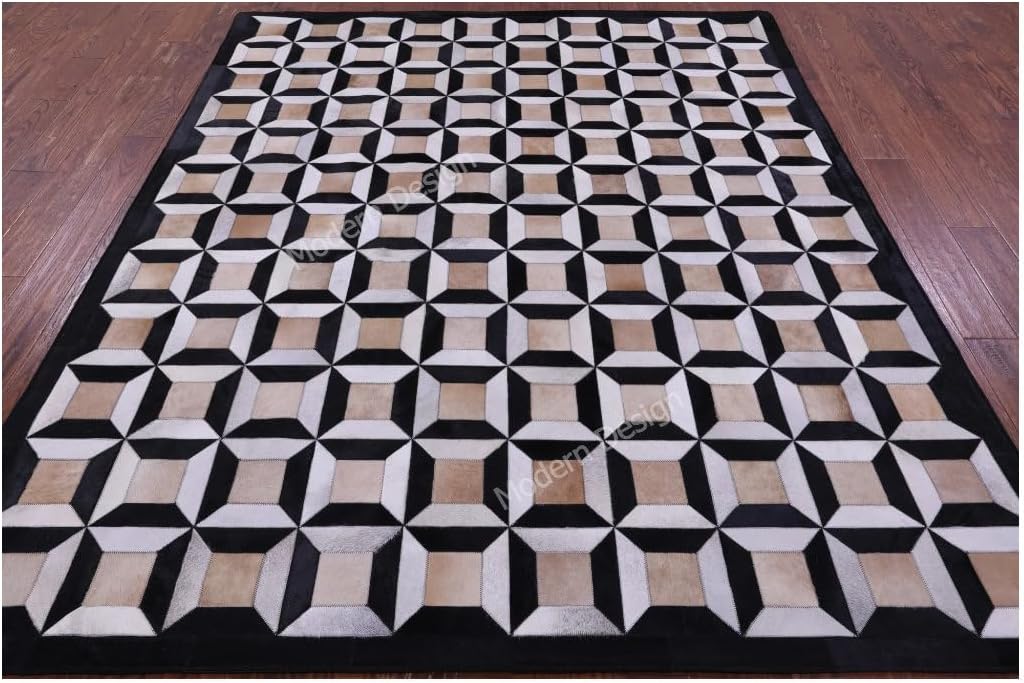 Modern Design Premium Leather Mosaic Area Rug, Geometric Pattern, Natural Multi Living Room Carpet (Black/Beige/Grey/White, 9x12)