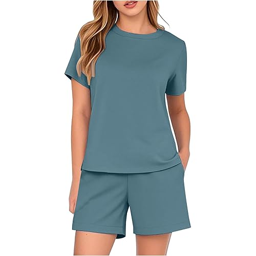 Sinzelimin Womens Two Piece Sets Short Sleeves Crewenck Solid Color T-Shirts Tops and Casual Shorts Suit Matching Outfits