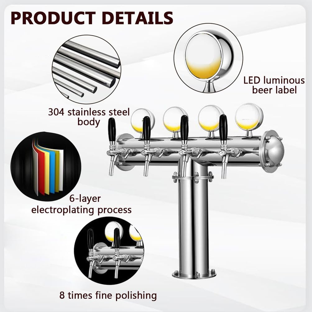 4 Rubinetti Torre per Birra, Distributore Birra Portatile in Acciaio Inox,con Segno Liquore Luminoso a LED, per Hotel e Bar