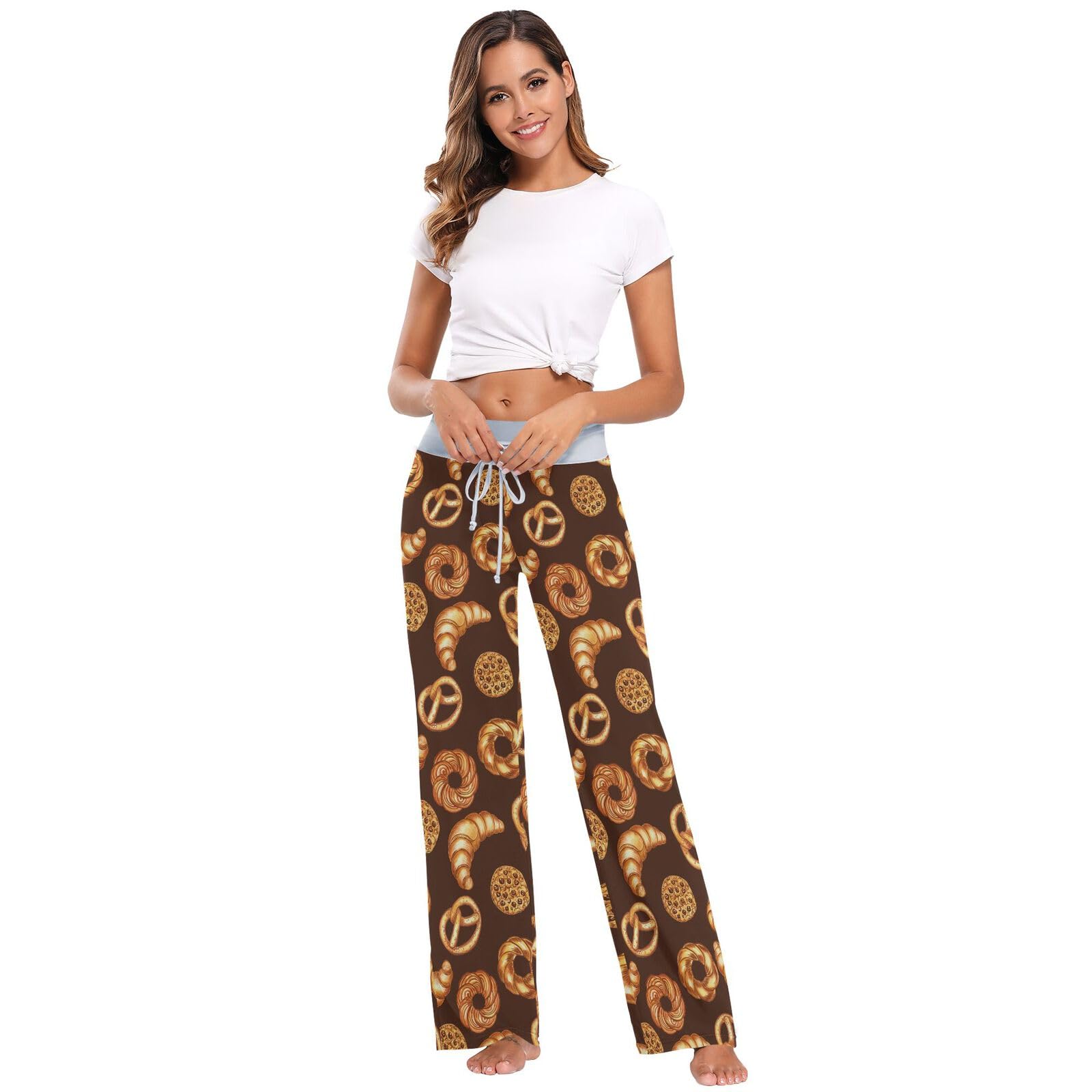 Ollabaky Women's Pajama Pants PJs Bottoms for Women Wide Leg Sleep Lounge Pants: Multi- Cookies Bagels Pretzels X-Small