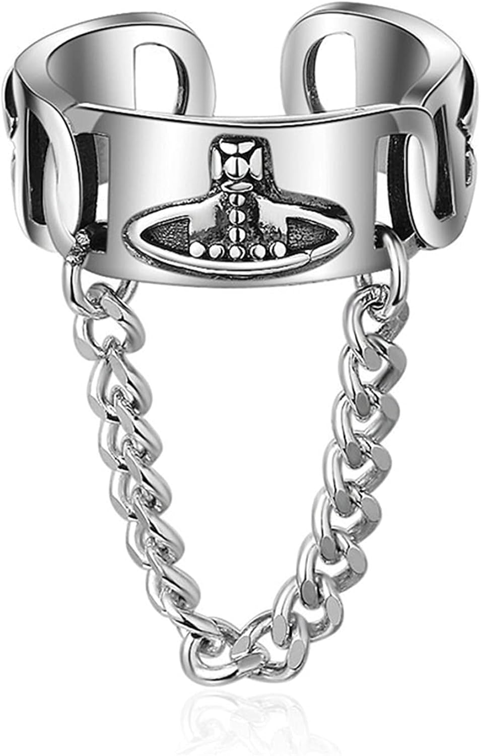Beccalame Saturn Chain Sterling Silver Adjustable Ring Y2K Edgy Rings