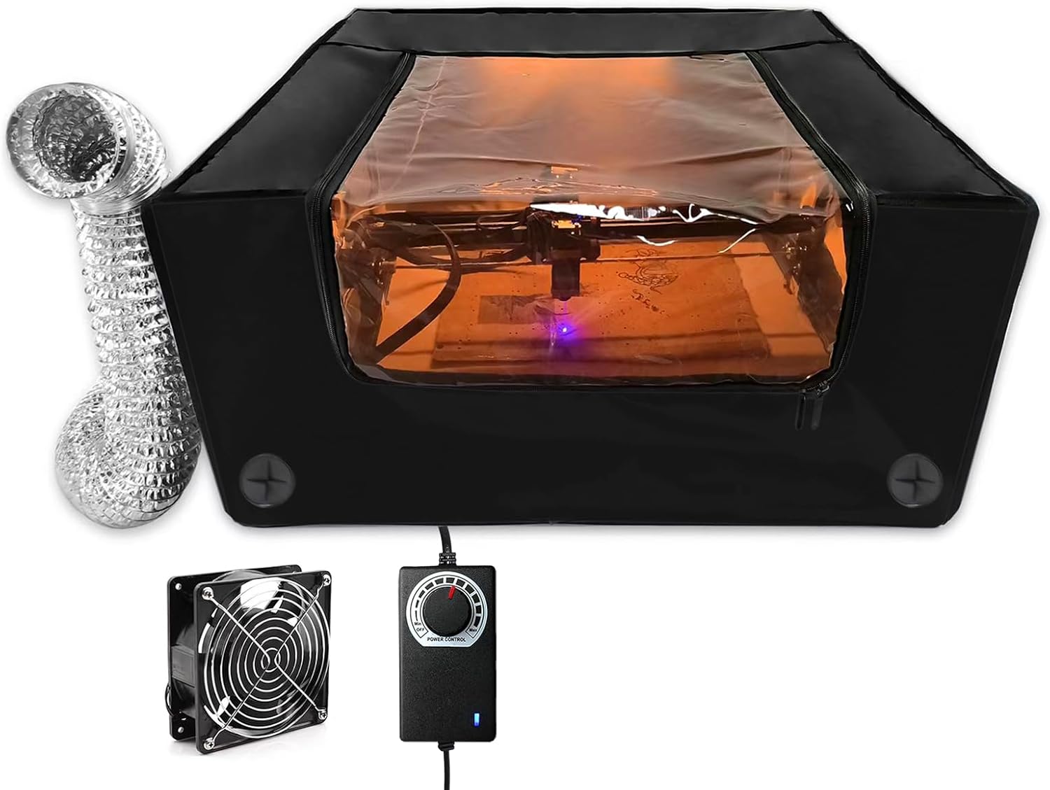 Laser Engraver Enclosure with Ventilation,Fan Vent with Controller and Duct,Laser Engraving Machine Protective Cover Tent,Isolates Smoke Odor, Fireproof, Dustproof, Eye Protection,650x650x330mm,Black