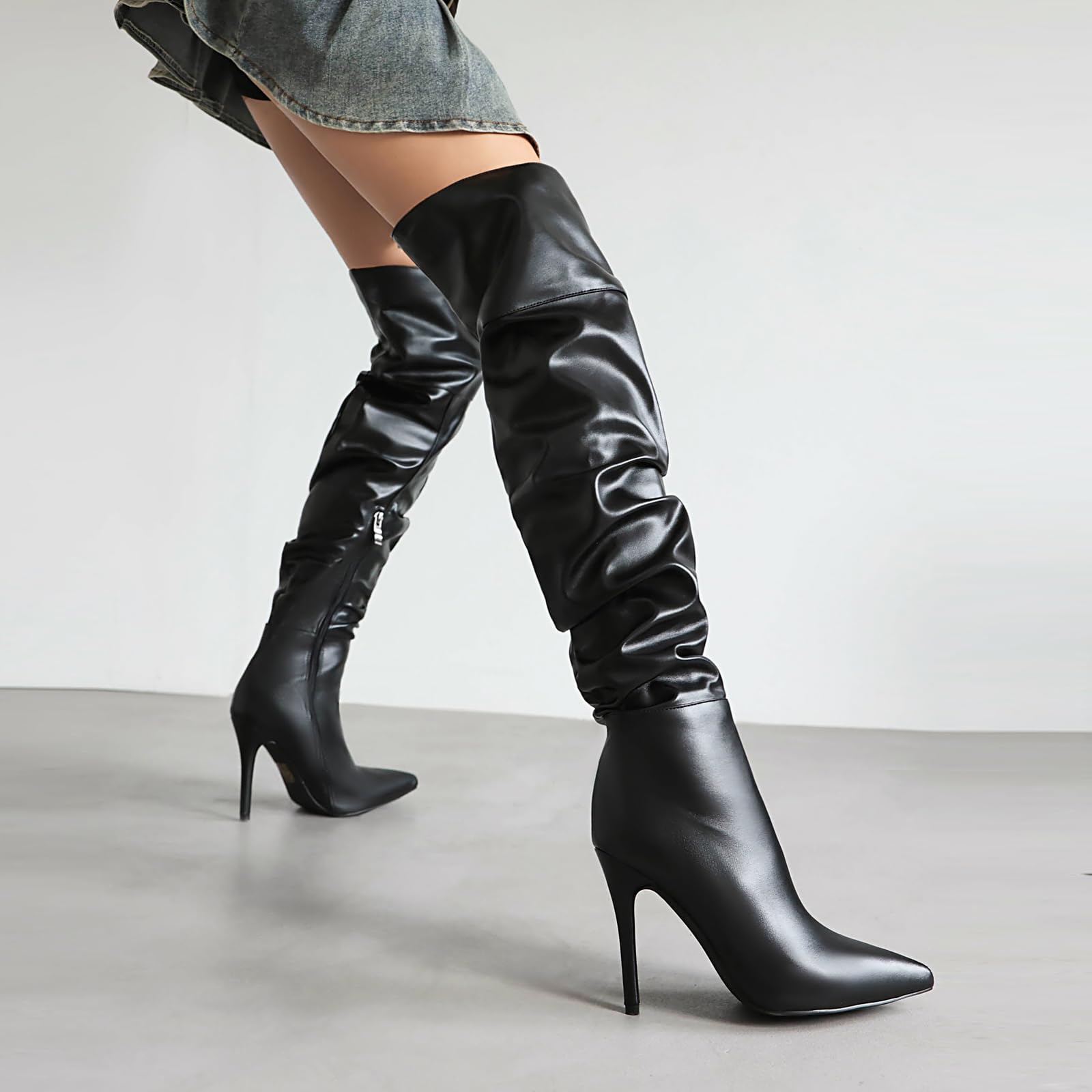 Feinlina Nero Over The Knee coscia stivali alti per le donne Sexy Pointed Toe Side Zipper Leather Pleaser stivali