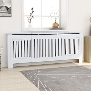 White Radiator Cover MDF Heater Cover Cabinet Shelf Household Appliance Heating Accessories, Living Room Furniture Decor, 80.7" x 8.1" x 32.1"/Vertical Style