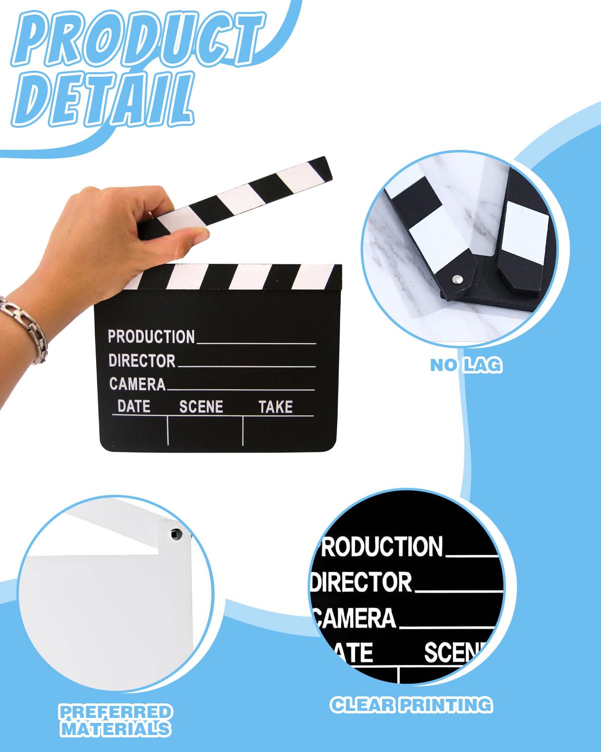1 clap de cinéma en carton, 20 x 18 cm, clap de réalisateur, tableau de tournage, couverture à rabat, notes de scène, couverture effaçable, accessoire de tournage (noir et blanc)