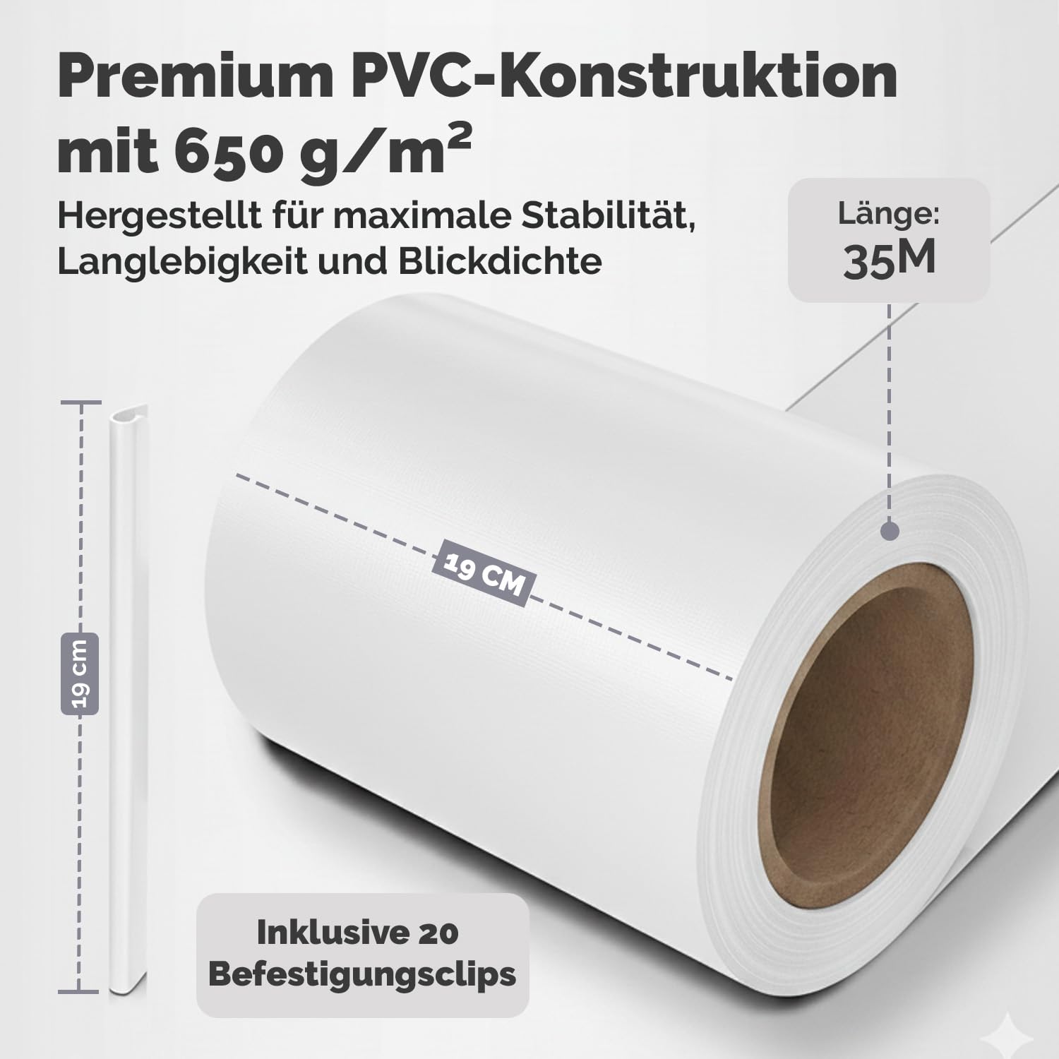Electronicx Premium PVC Sichtschutzstreifen RAL 9003 Weiß Hochwertige Zaunfolie Doppelstabmatten 35m x 19 cm 650g/m² UV-beständig, extra langlebig, Blickdicht, inkl. 20 Befestigungsclips