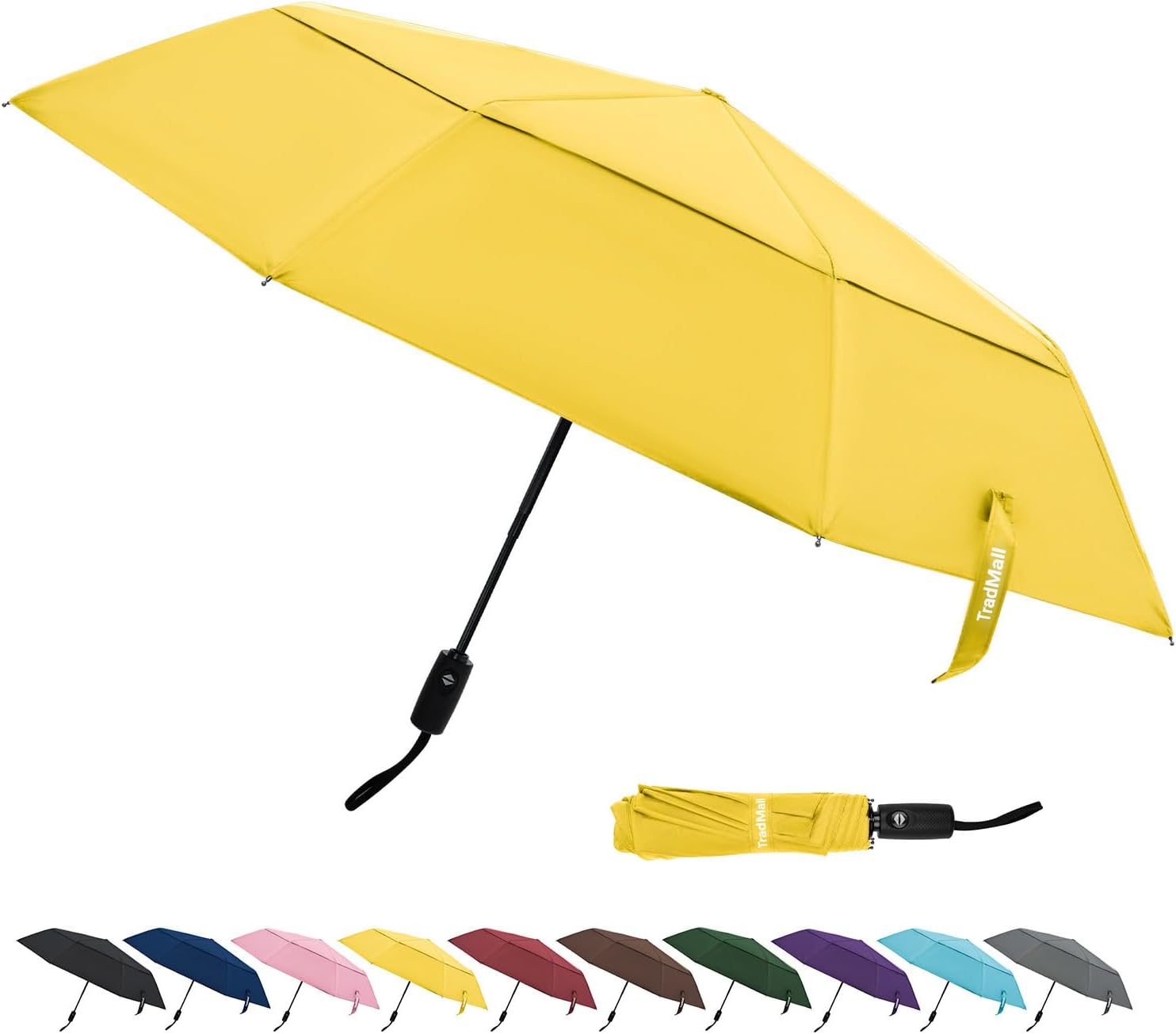 TradMall Travel Umbrella, 42/45 Inches Double Vented Canopy Windproof Automatic Strong Compact Folding Umbrellas for Rain Women and Men