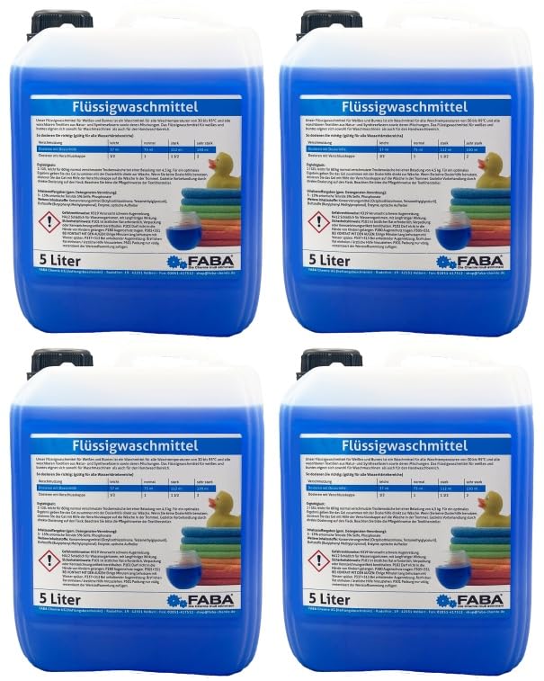 FABA Flüssigwaschmittel Konzentrat 4 x 5 L, blau, Universal Color frisch angenehm, gratis Ausgießer