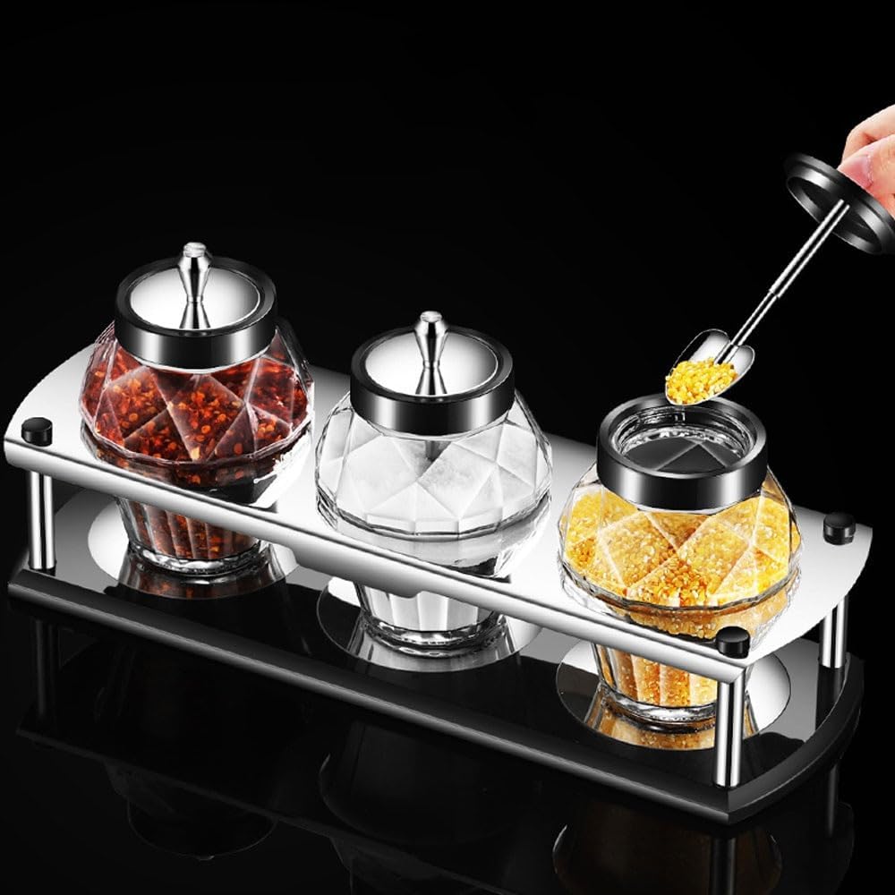 Condiment Jar Spice Container with 304 Stainless Steel Lids and Spoons,Clear Glass Condiment Canisters Pots Seasoning Box Salt Container Sugar Bowl Set of 3 for Kitchen, Counter, Food Storage