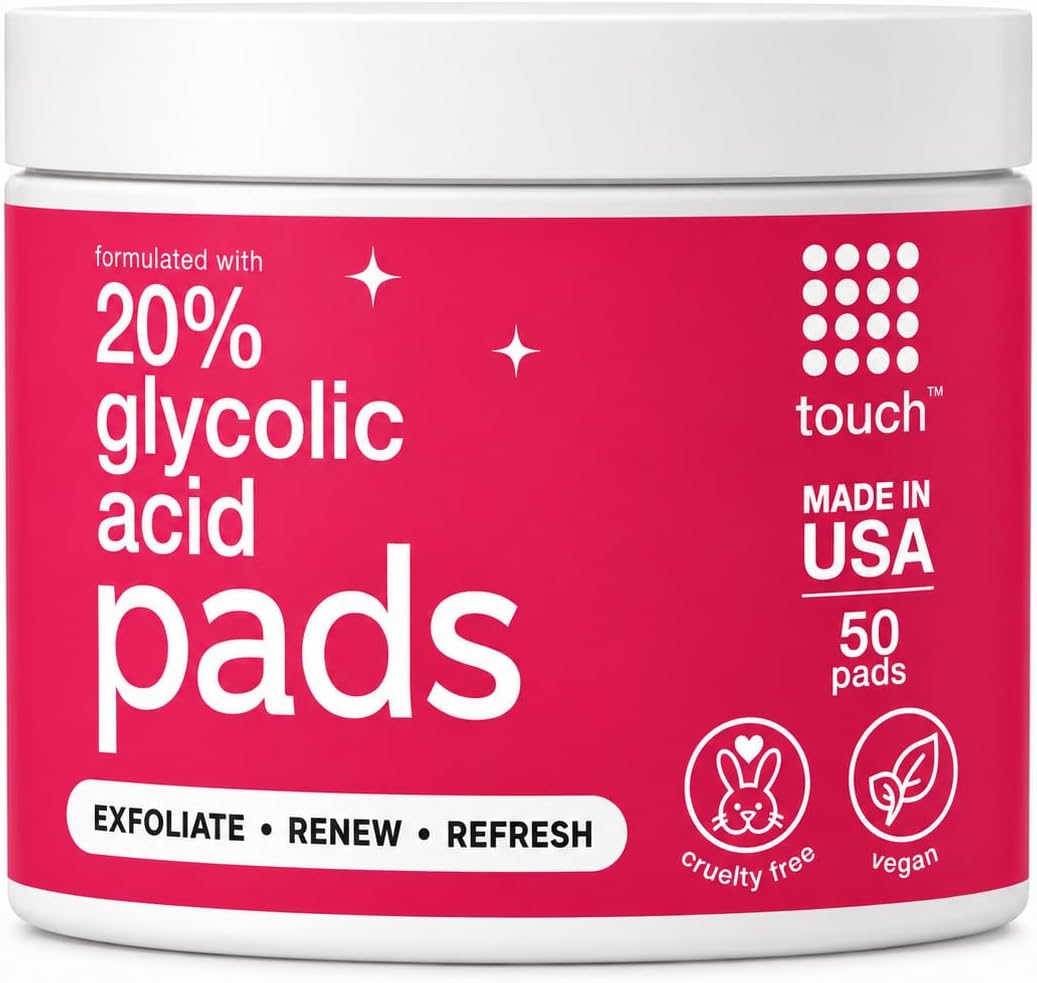TOUCH 20% Glycolic Acid Pads, Exfoliating Face Wipes, 50 Count