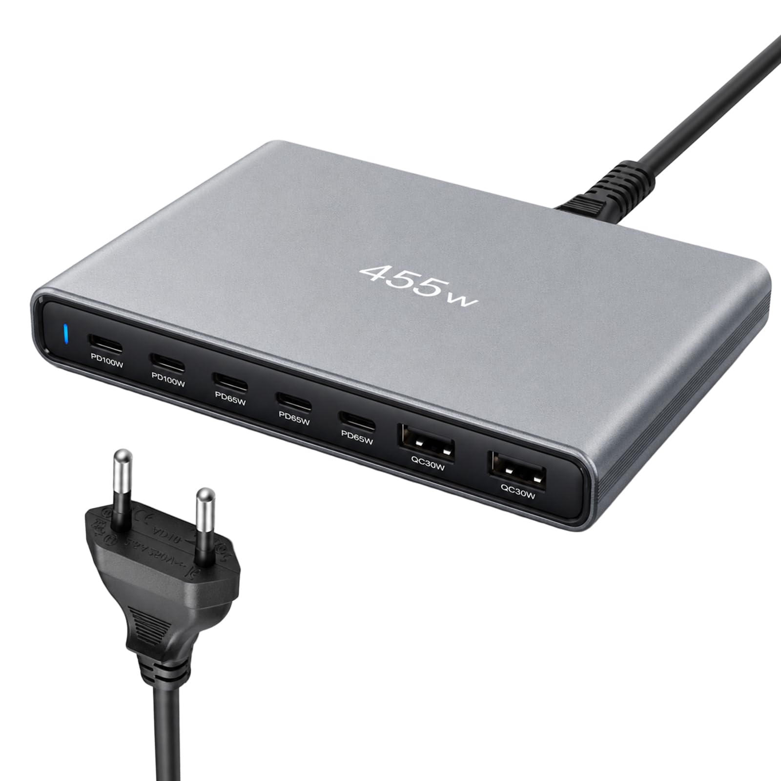 Ładowarka USB C 455 W, wielokrotna, 7 portów, stacja ładująca, PD, 100 W, USBC, zasilacz QC, 30 W, USBA, szybkie ładowanie, ładowarka GaN PD PPS, ładowarka do laptopów, padów, telefonów komórkowych
