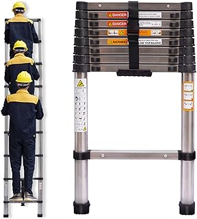 2.6M 8.5FT Extension Folding Telescopic Ladders - Stainless Steel DIY Straight Style Climb Telescopic Loft Stair Ladder Extendable 9 Steps for Indoor Household Outdoor, Max 330lbs Capacity Small Gift
