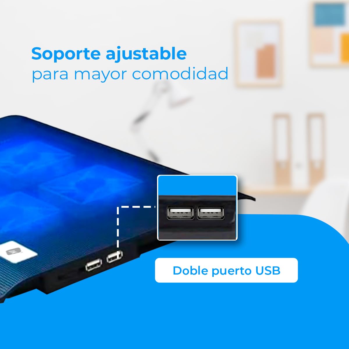 NK Base Refrigeradora Portátil - Ventilador Ordenador Portatil de 12-17" con Soporte, 4 Ventiladores Silenciosos, 2 Puertos USB, Refrigeración Rápida, Luz LED Azul - Color Negro — view 7