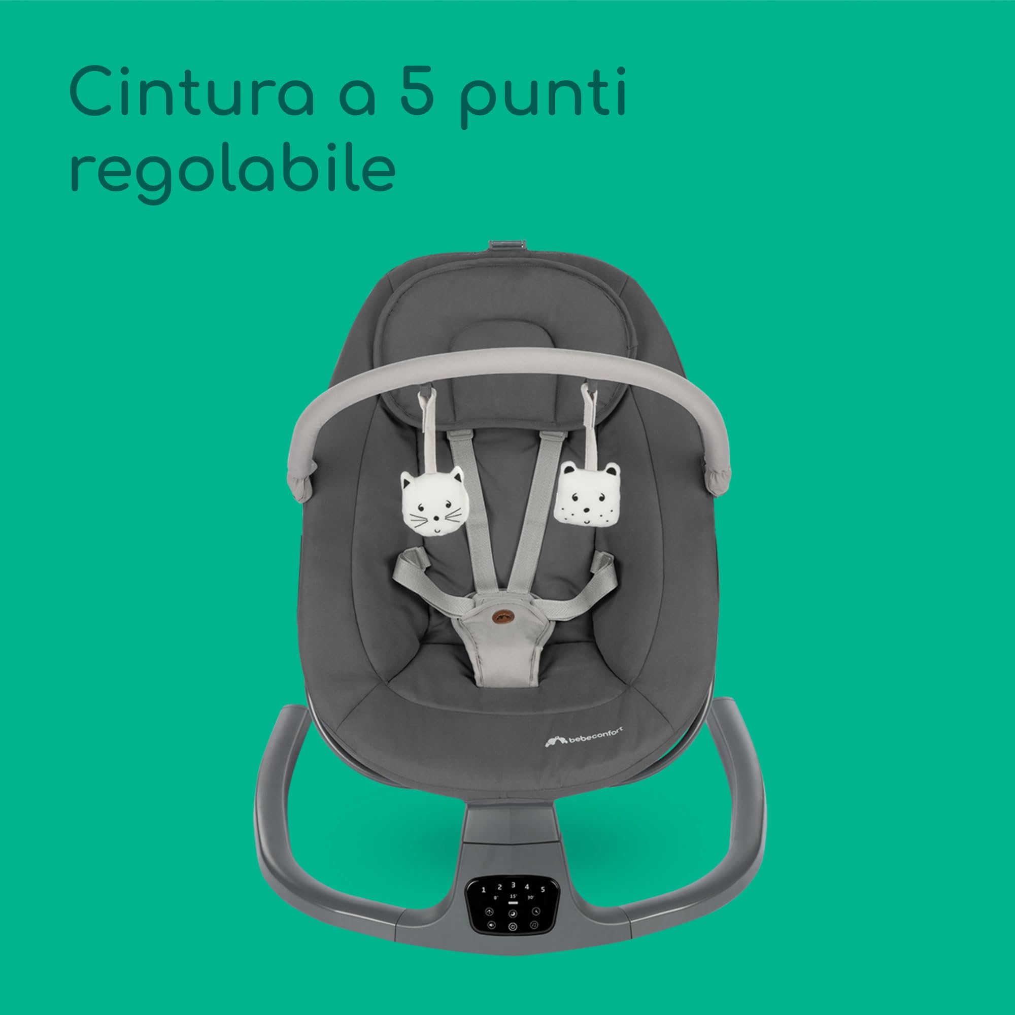 Bebeconfort Jolana, Sdraietta Neonati Elettrica, 0-6 mesi (9kg), Altalena Neonato, Rilevamento Movimento, 12 Brani Rilassanti, 5 Suoni della Natura, Schienale Regolabile 2 Posizioni, Tinted Graphite
