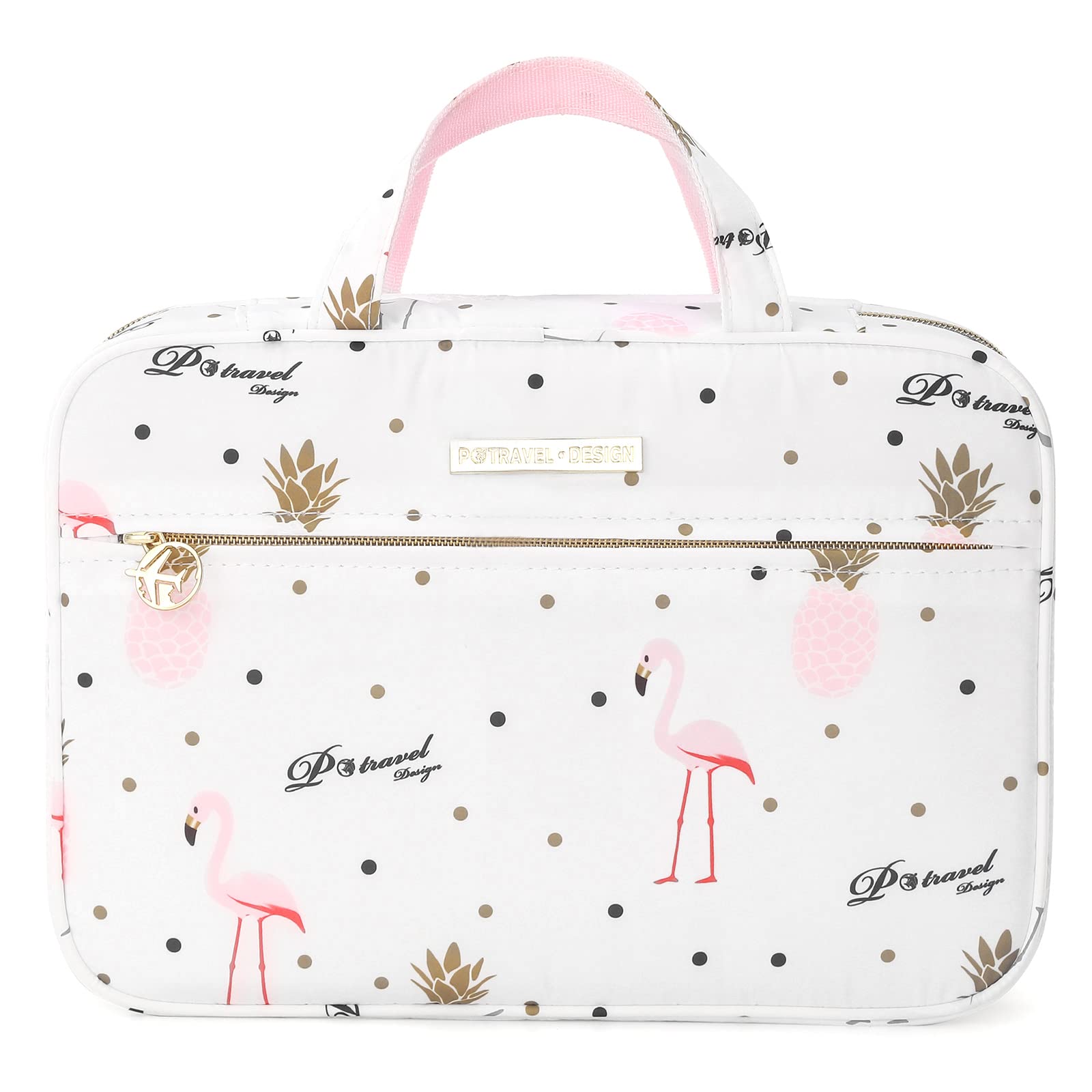 Dizdvizd Bolsas de Aseo para Mujeres, Grande Neceser de Viaje con Colgar Gancho, Impermeable Organizador de Cosméticos - Flamencos