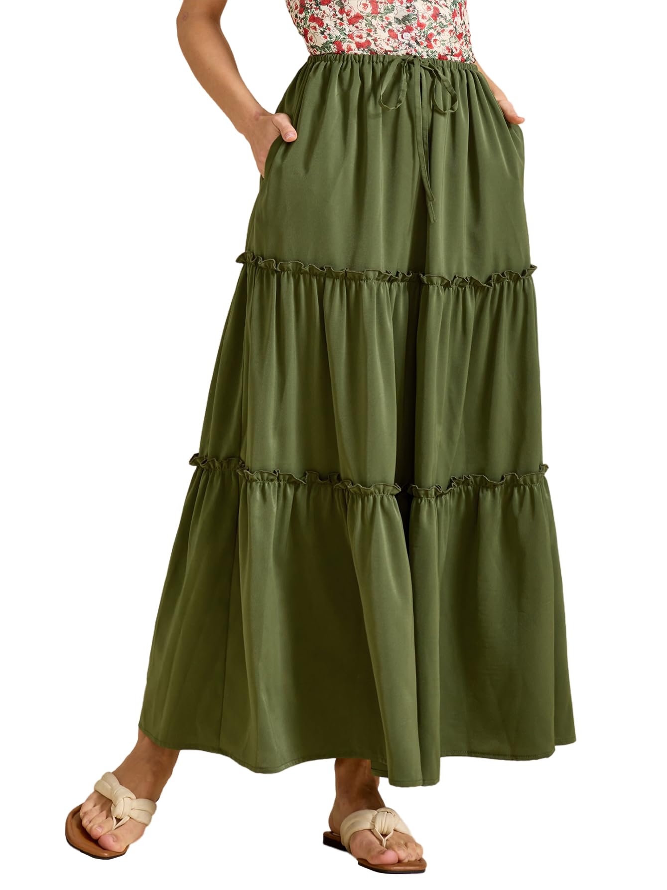 MAYFASEY Rock Damen Sommer Maxiröcke Lang A-Linie Elastische Hoch Taille Midirock Freizeitrock Fließender Rock mit Taschen