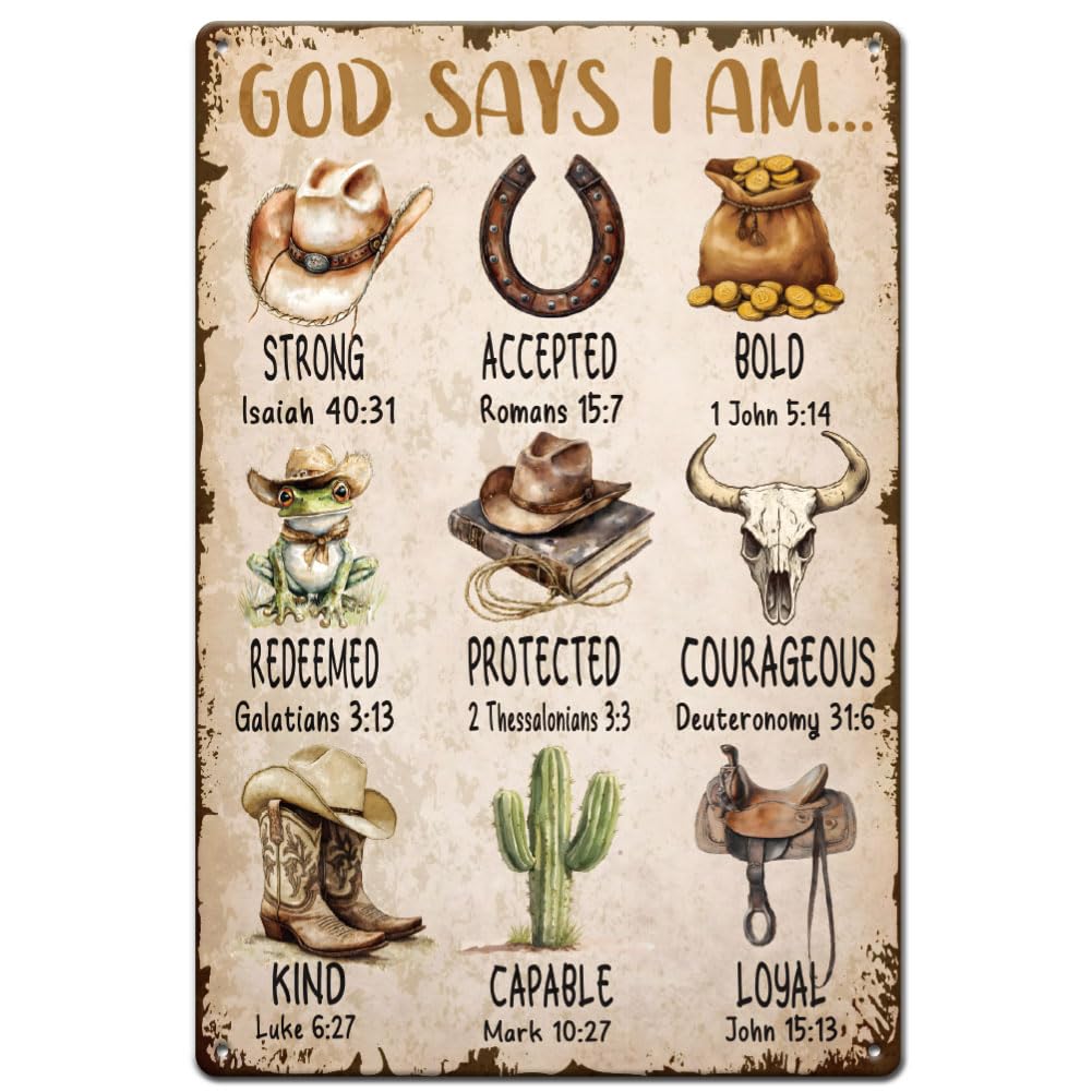 SUPERDANT Western Cowboy Metal Signs God Says I Am Strong Tin Signs Christian Bible Verses Wall Plaques Wild West Poster Art for Man Cave Home Living Room Bedroom Bar Pub Vintage Decor