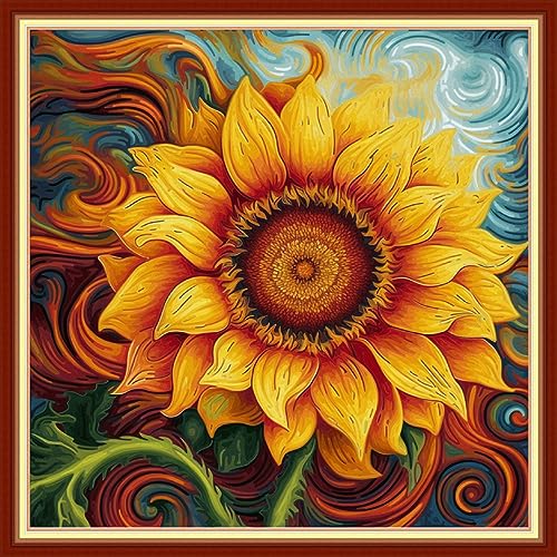 Image of Foxhool Beginners Cross Stitch Kits Stamped Full Range of Embroidery Kits for Adults DIY Cross Stitches kit Embroidery Patterns for Needlepoint kit-Magic Sunflower 17.7x17.7 inch