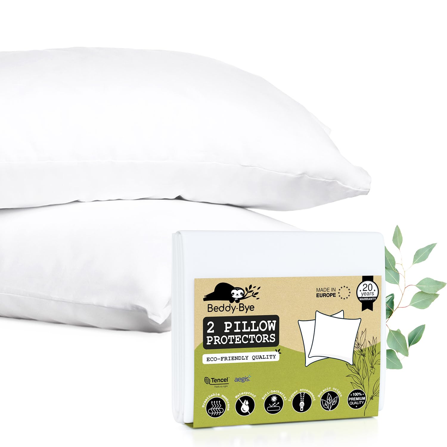 Zipped Pillow Covers Protectors 2 Pack 65x65 cm - Waterproof Tencel™ - Oeko-Tex® Certified in Aegis® Ecological and Sustainable Fibre