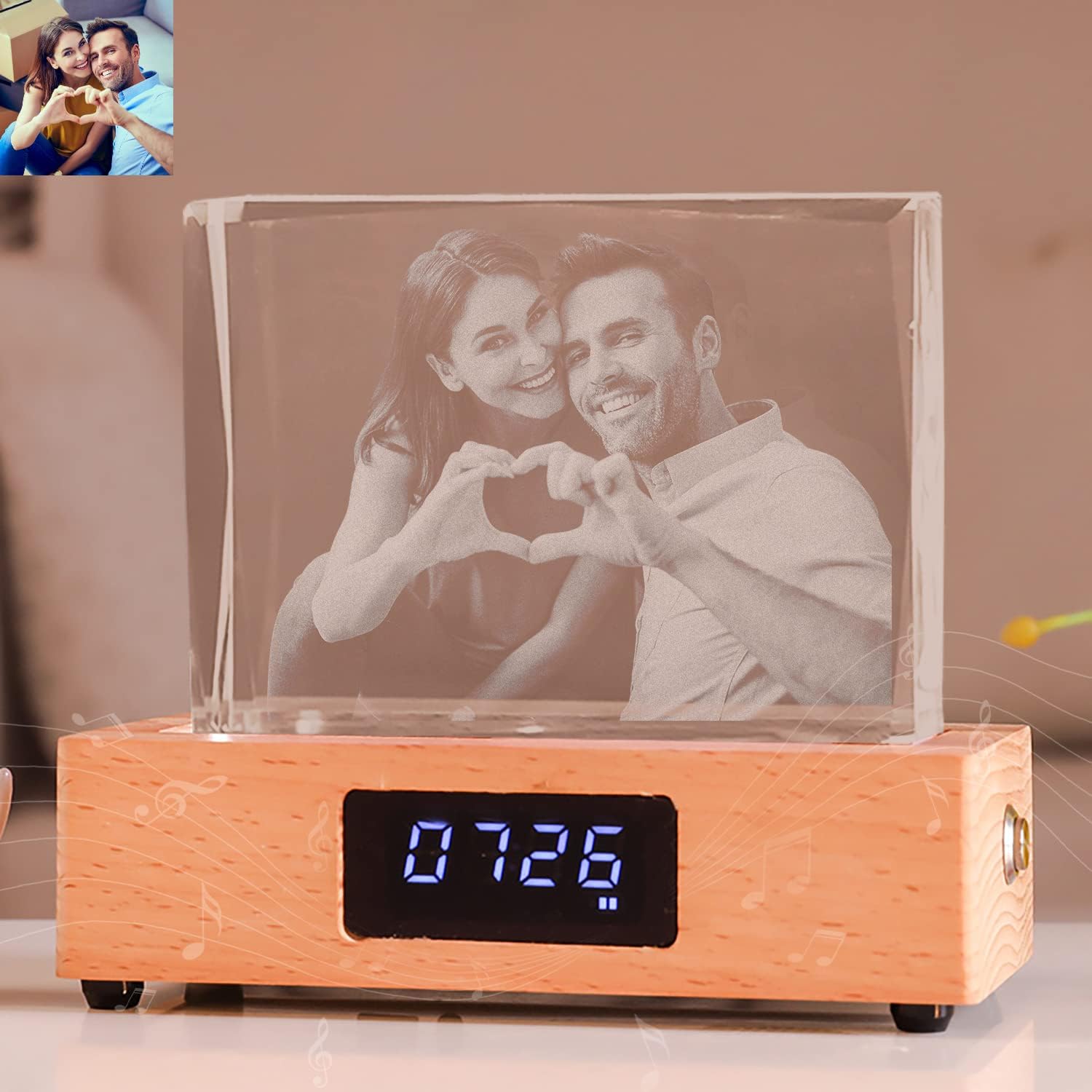Personalized Custom Photo Creative Gift Decoration Luminous Crystal Bluetooth Music Box with Clock Display to Send Girlfriends and Friends Anniversary Wedding Gifts