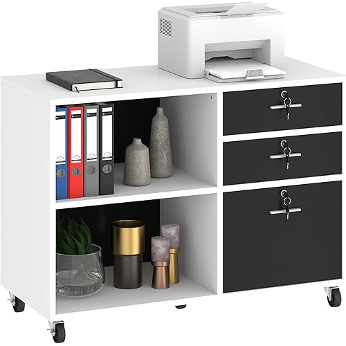 YITAHOME Wood File Cabinet, 3 Drawer Mobile Lateral Filing Cabinet, Storage Cabinet Printer Stand with 2 Open Shelves for Home Office Organization, White and Black