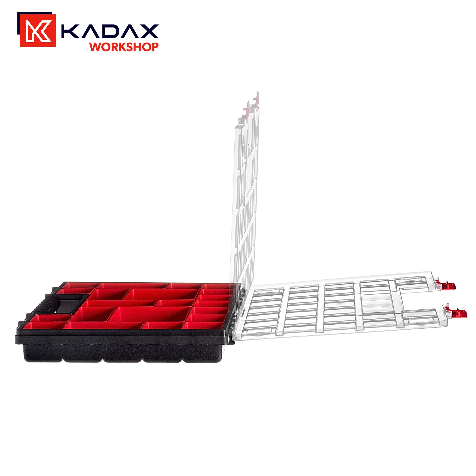 KADAX Organizer con Coperchio Trasparente – Cassetta Porta Minuteria a Scomparti per Viti, Bulloni, Ferramenta, Officina e Garage – Plastica Resistente (40 x 30 cm, 6 Pezzi)
