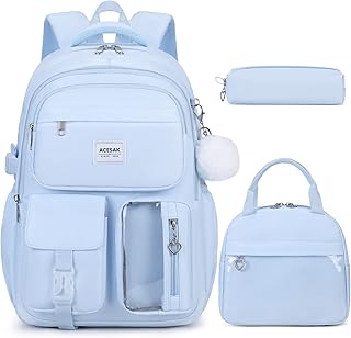 ACESAK Backpack for Girls with Lunch Box Pencil Case (Blue) | 3PCS Girls Backpack for Kids Teen Women Laptop Backpack Bookbag for Elementary Middle High School College Travel Daypack
