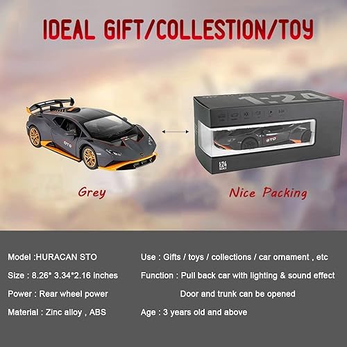Miniatura 18 de Modelo de automóvil fundido a presión de aleación 1:24 para Lambo Huracan STO, vehículos de tracción hacia atrás, modelos de autos de juguete