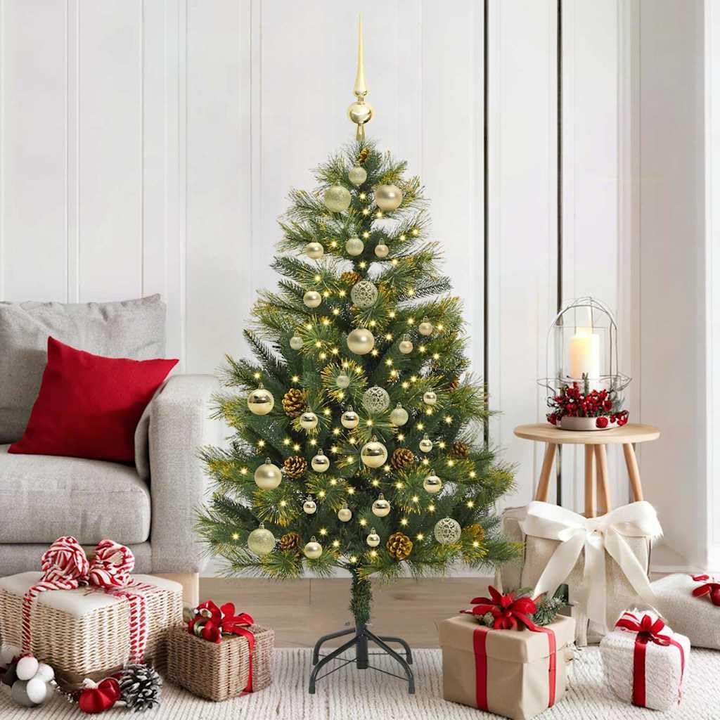 Albero di Natale artificiale pieghevole da 150 cm, sottile, con pigne e luci a LED, PVC e metallo, per interni ed esterni protetti, decorazione festiva