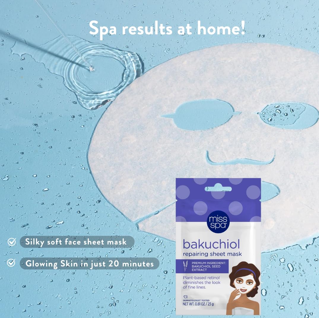 MISS SPA Anti-Aging Bakuchiol Repairing Facial Sheet Mask, Plant-Based Retinol, Hydrating Skin Care, Dermatologist Tested, 4 Pack - Image 7