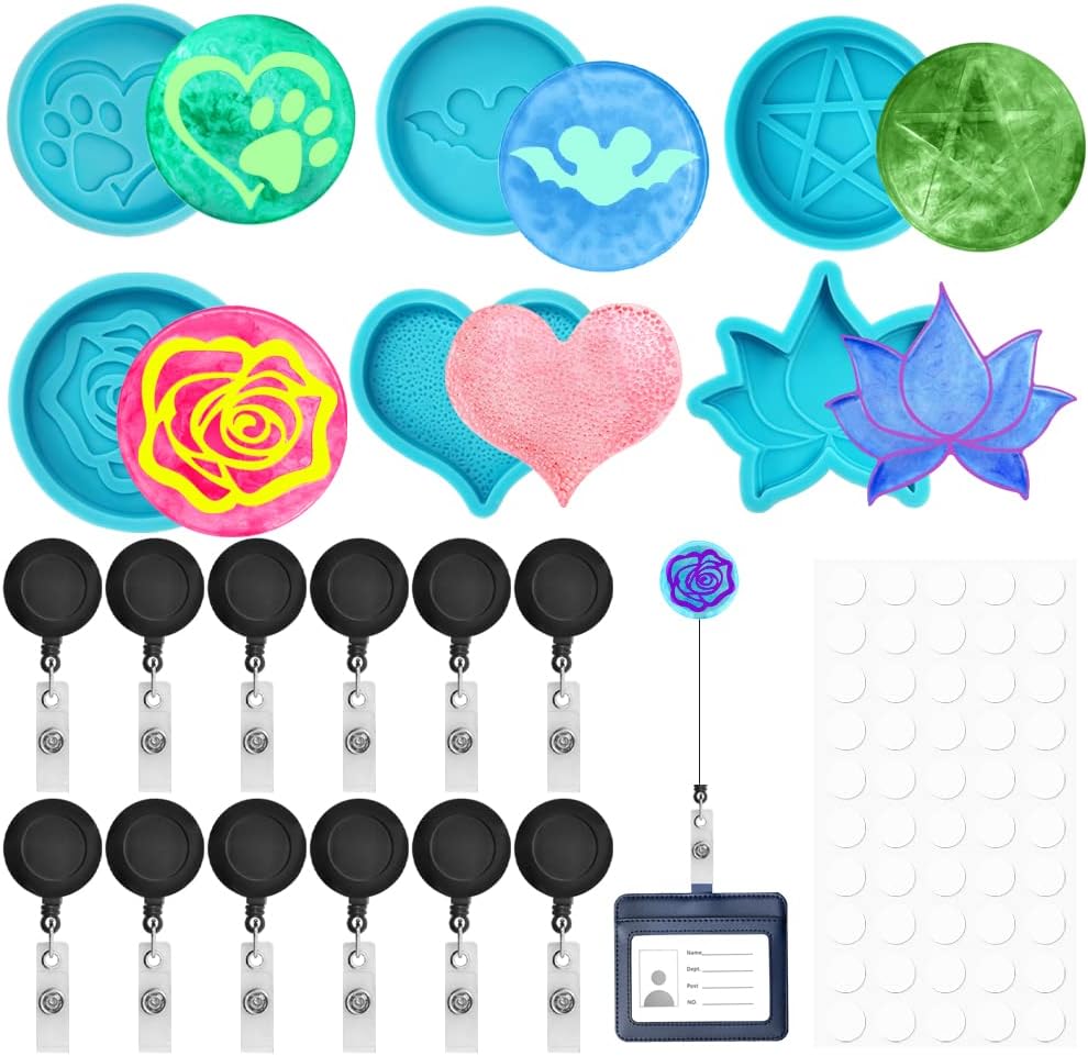 6 Pcs Resin Molds Badge Reels Kit，AIFUDA Badge Holder Silicone Molds with 12