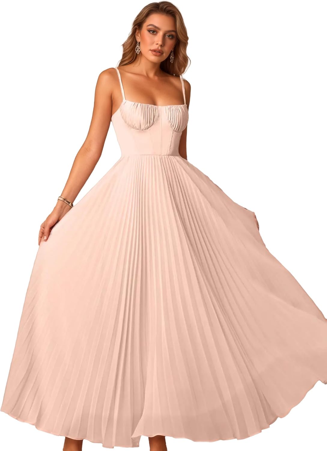 Womens Pleated A-Line Ruched Sleeveless Prom Dress Adjustable Spaghetti Strap Backless Party Gown Dress