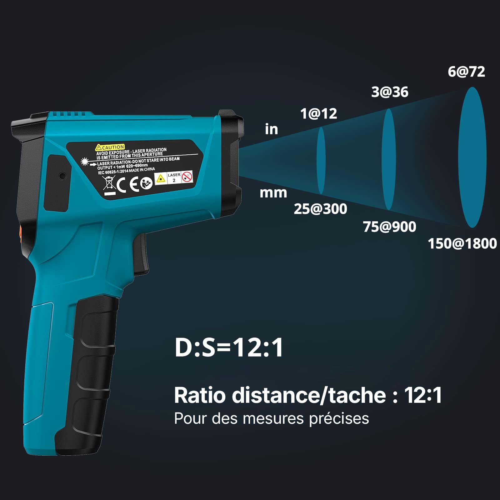 Tilswall Thermomètre Infrarouge,-50°~800℃ (-58°~1472℉) Pistolet de Température Sans Contact Laser Emissivité Réglable Thermomètre Pistolet cuisine/Circuit/industrie (pas pour l'homme) Bleu, W300