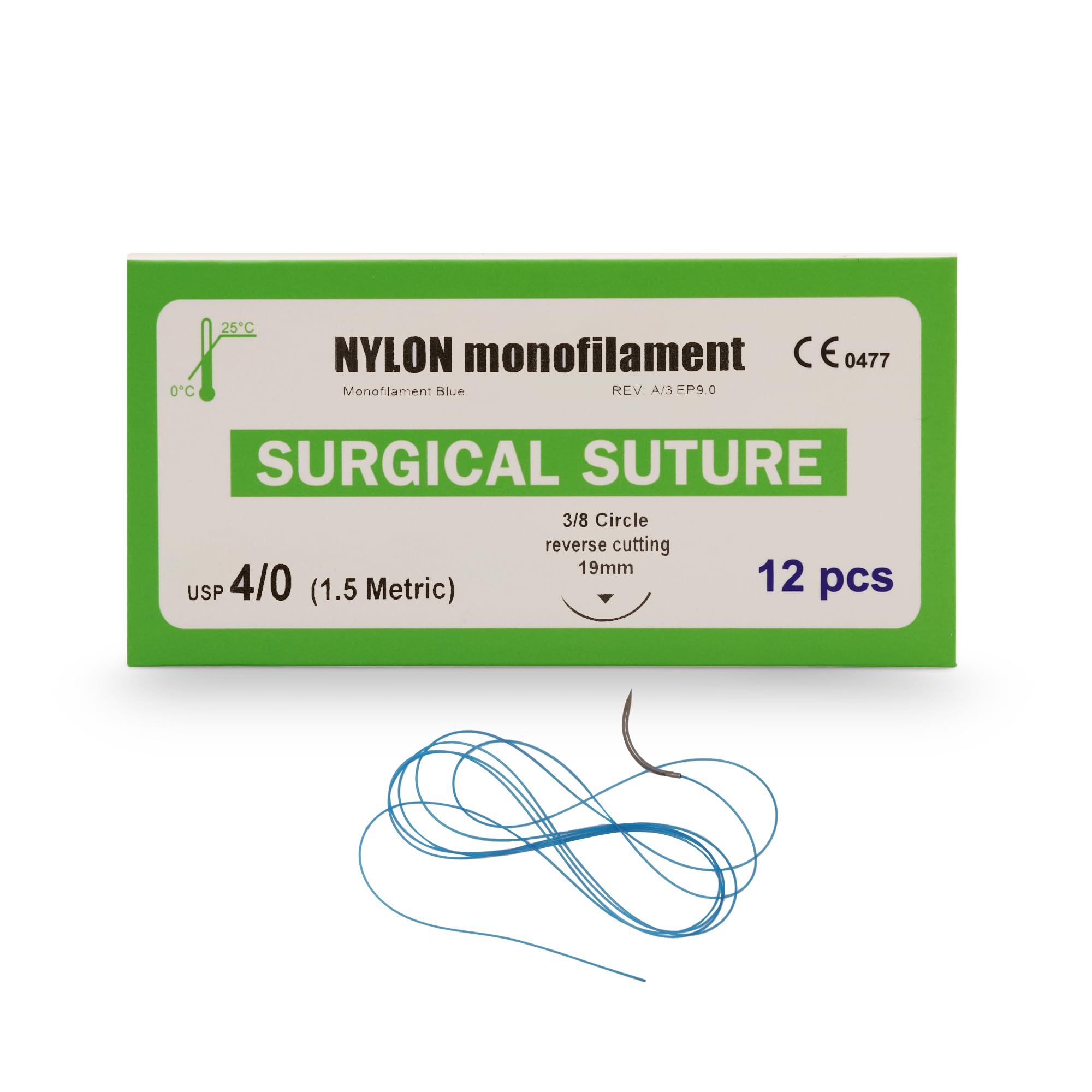 B-Arm Sterile Nylon Suture Thread (Pack of 12) With Needle |Non-Absorbable USP 4-0 / 1.5 Metric | Suture Thread For Surgery With 19mm Reverse Cutting Needle Included In Each Pack | Durable Suturing Thread