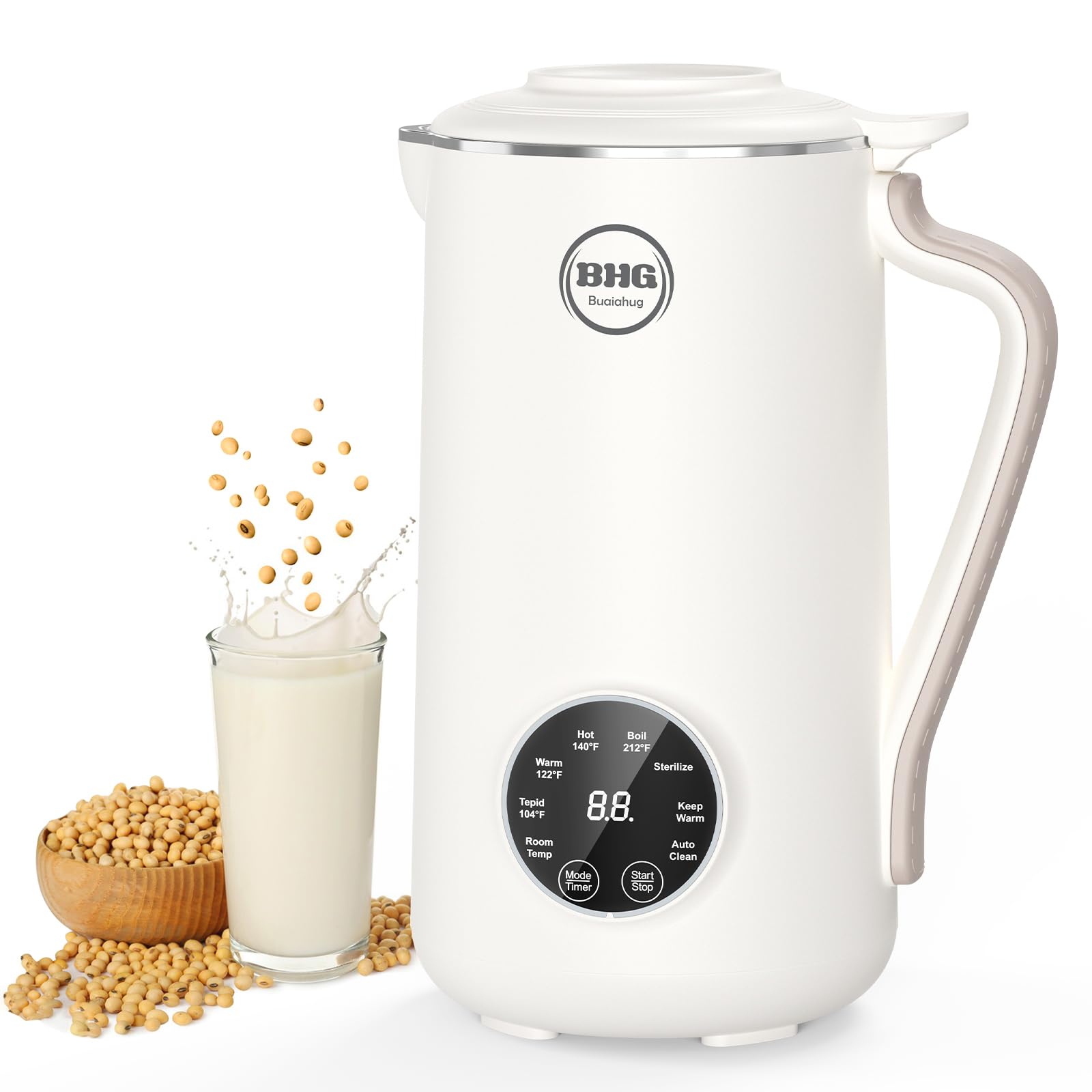 40oz Nut Milk Maker Machine, 8-in-1 Almond & Soy Milk Maker with 12 Stainless Steel Blades, Plant-Based Milk Machine for Oat, Juice, and Dairy-Free Drinks, Auto-Clean, Boil, Timer, Keep Warm – White