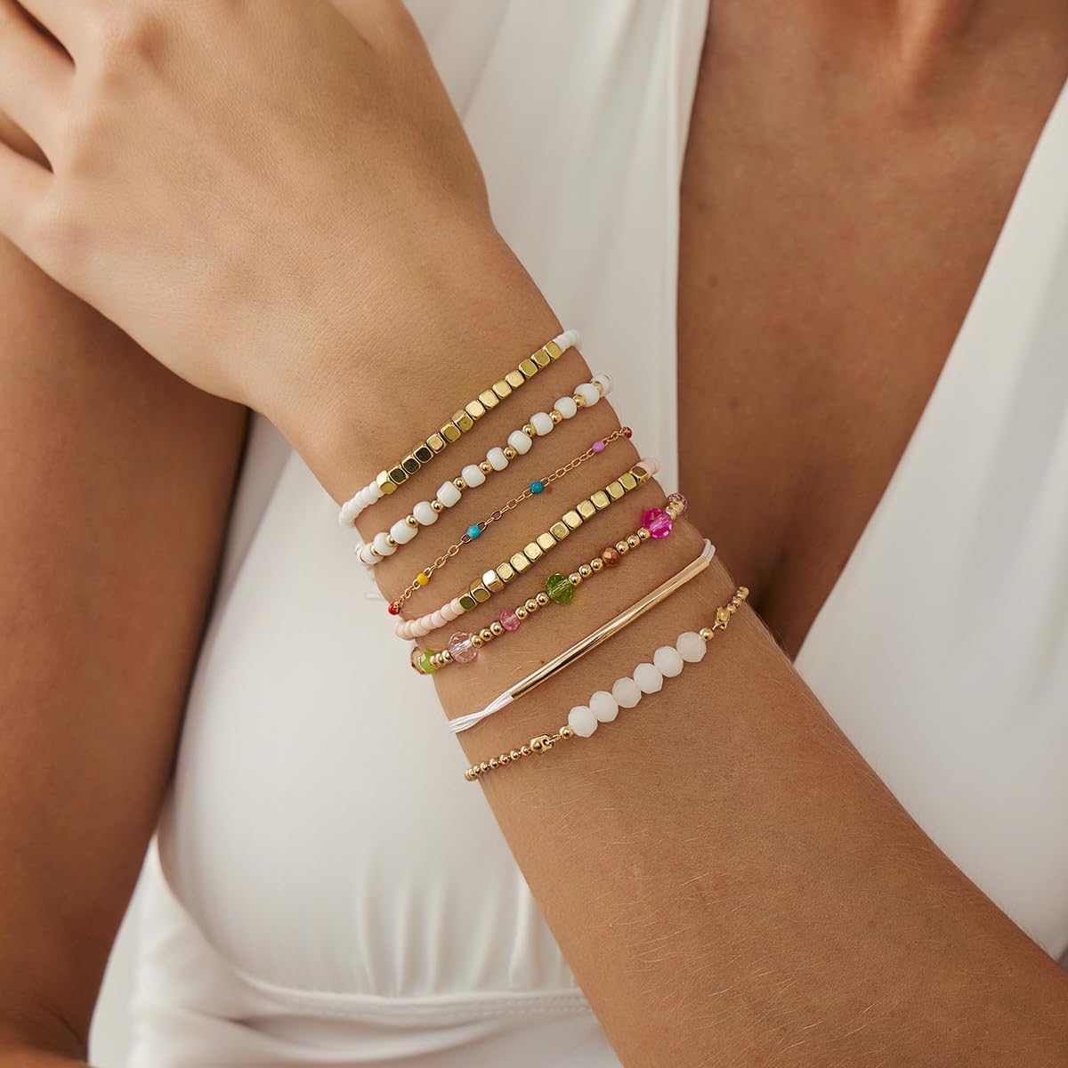 ALEXTINA 7Pcs Gold Bracelet Stack for Women, Colorful Stretch String Bead Bracelets Stackable Friendship Bracelets Adjustable, Birthday Jewelry Gift - Image 7