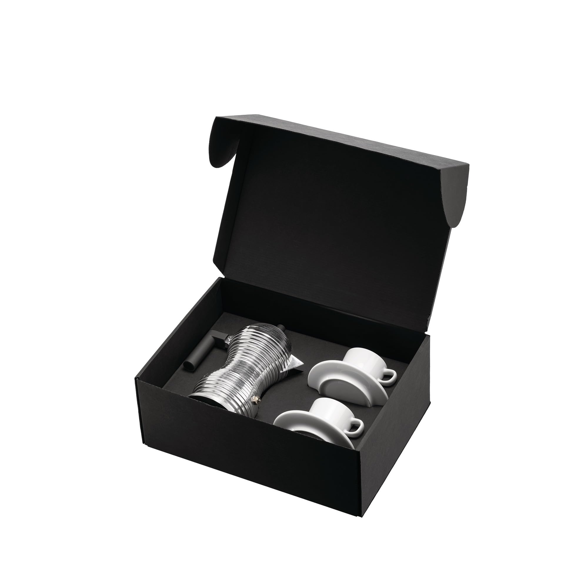 Alessi, Coffee MDL02BSET - Conjunto compuesto por cafetera Pulcina, 2 tazas con platillo, en fundición de aluminio, PA y porcelana, multicolor